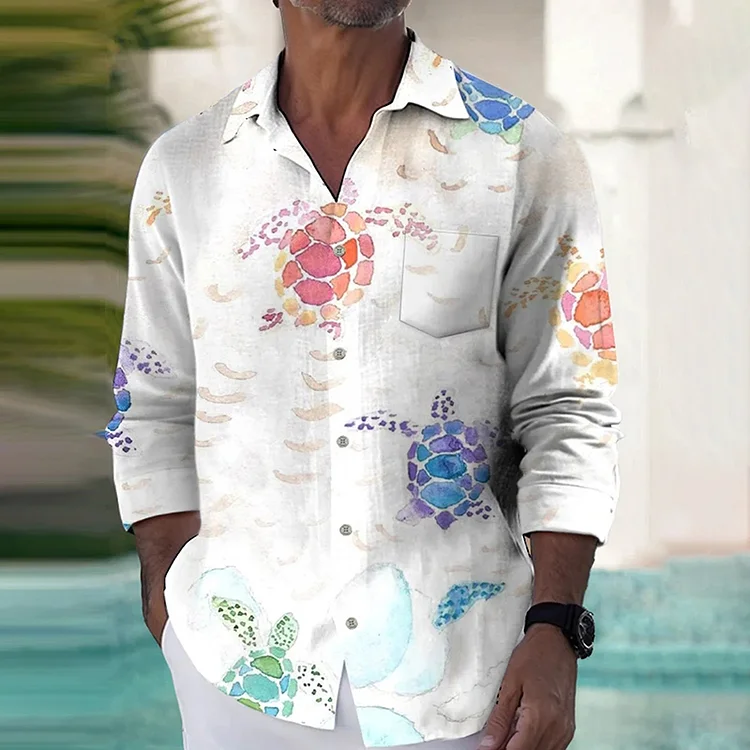 Men's Casual Turtle Print Long Sleeve Pocket Shirt