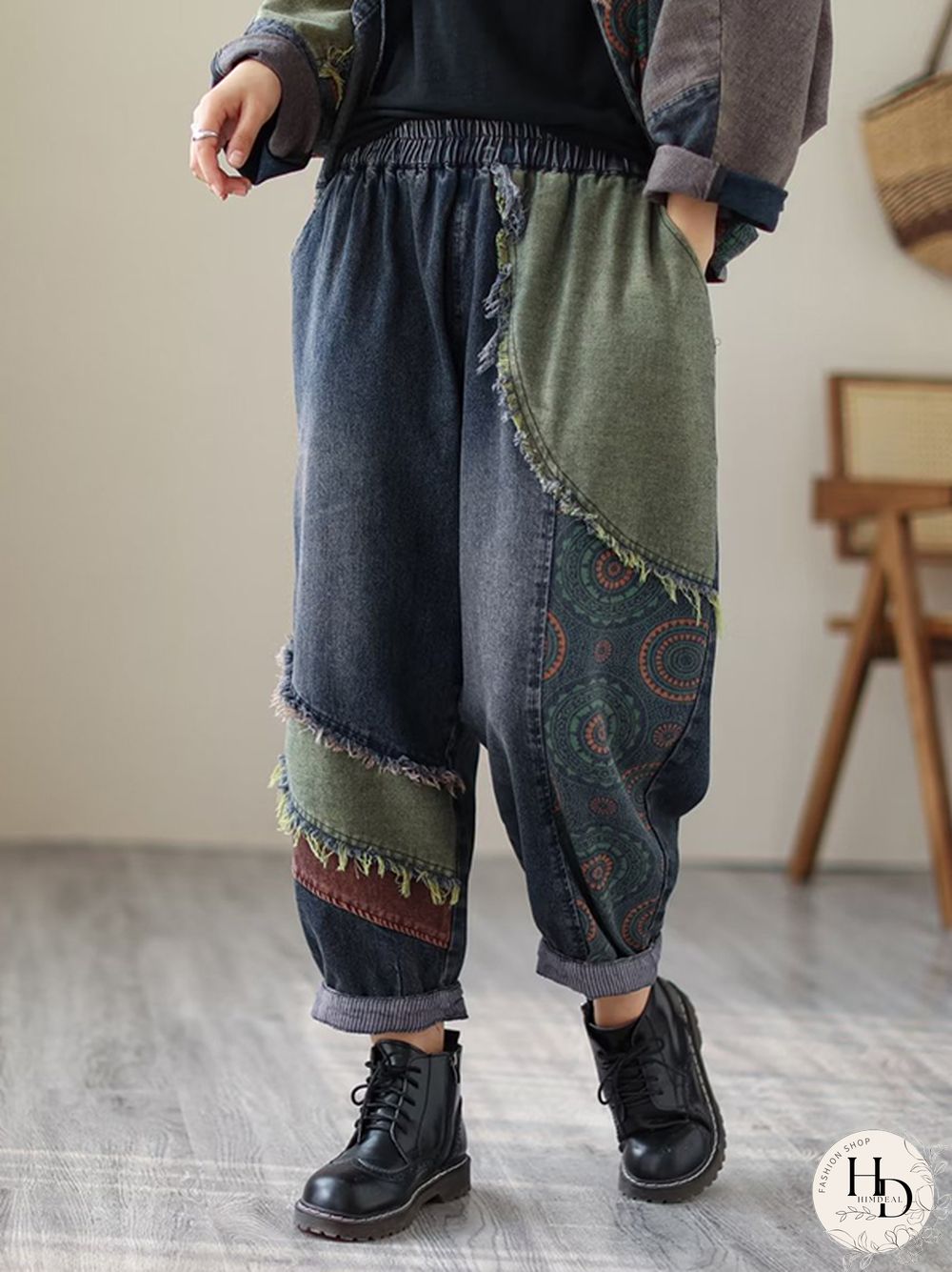 Contrast Color Fringed Split-Joint Long Sleeves Printed Outwear Harem Pants Two Pieces Set