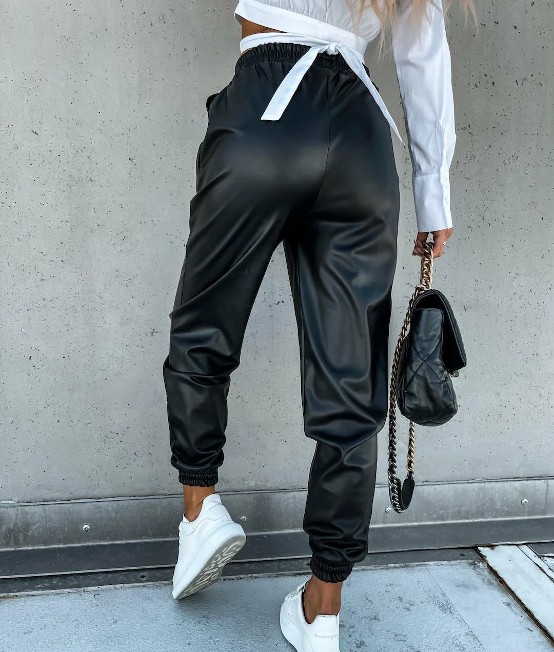 wsevypo PU Leather Sweatpants Fall Winter Fashion Casual High Elastic Waist Joggers Trousers Women Solid Color Harem Pants
