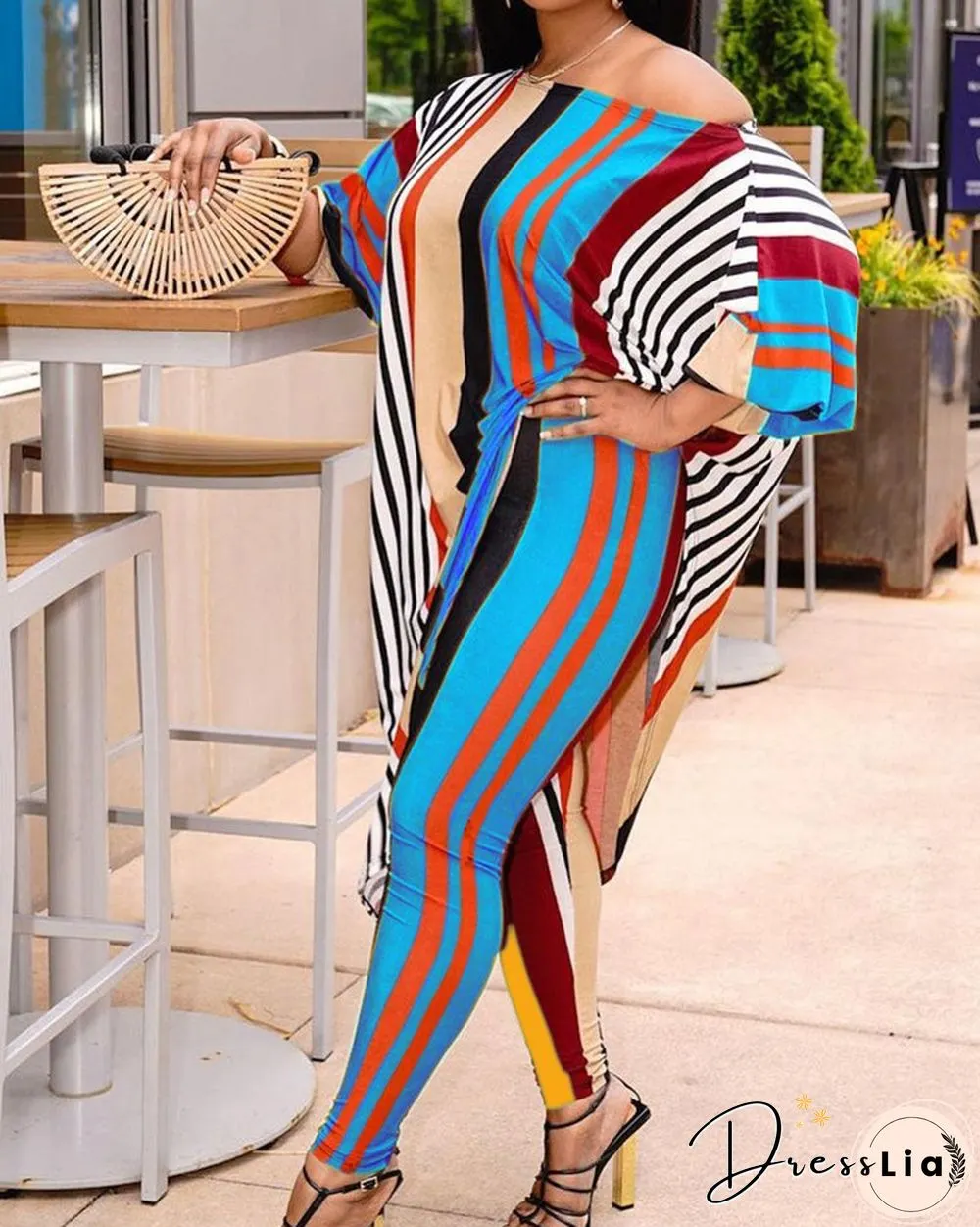 Color Block Striped Long Sleeve Blouse With Pants Suit Sets