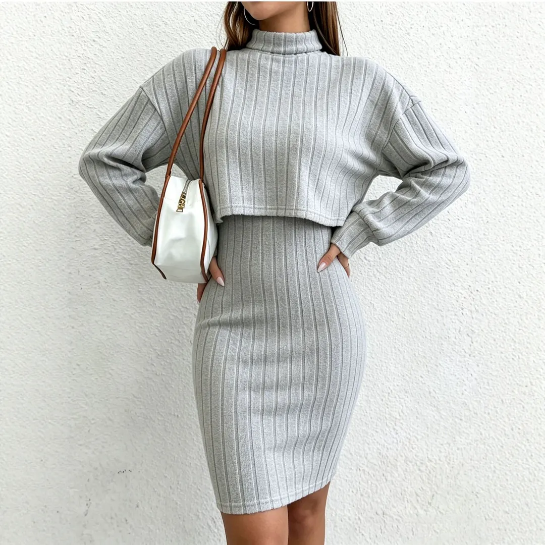 Women's Ribbed Knit Cropped Turtleneck Top + Bodycon Mini Dress Two-piece Outfit