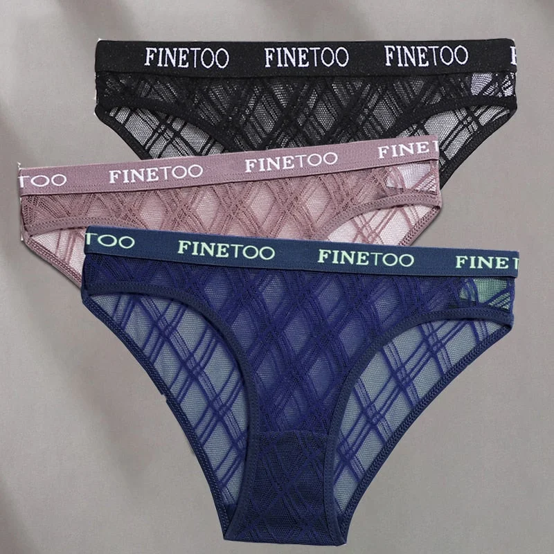 FINETOO 3PCS/Set Mesh Women Sexy Panties Lingerie M-XXL Breathable Underwear Pantys Low Waist Girl Briefs Letter Woman Underpant