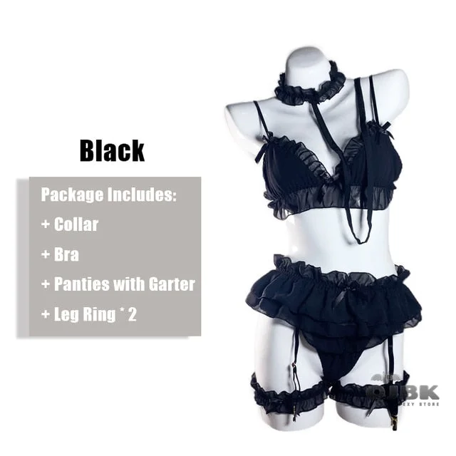 Sexy Pink Lingerie Set Cute Ruffles Costumes Lolita Women Erotic Lace Ladies Kawaii Soft Girl Pajamas Cosplay Outfit Underwear