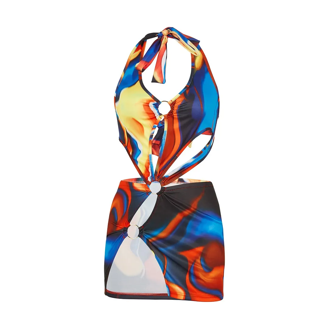 Sexy Women Halter Short Bodycon Dress Summer Party Club Hollow Out Ring Mini Sundress Cutout Sleeveless Backless Wrapped Outfit