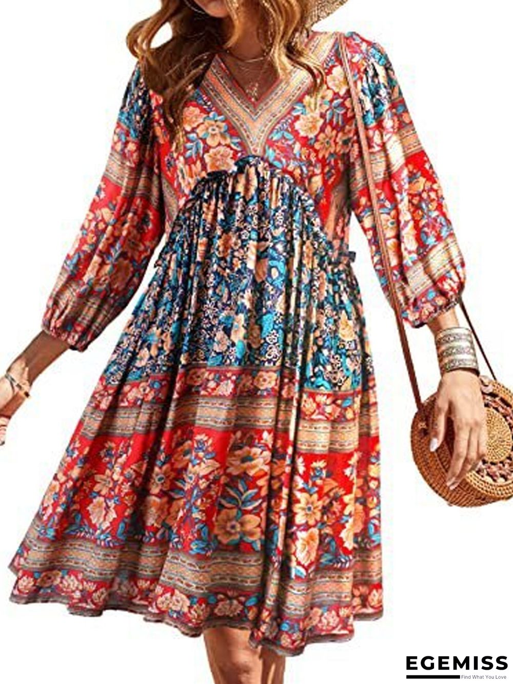 Bohemian Print V-neck Bubble Sleeve Big Swing National Style Dress Women's Wear | EGEMISS