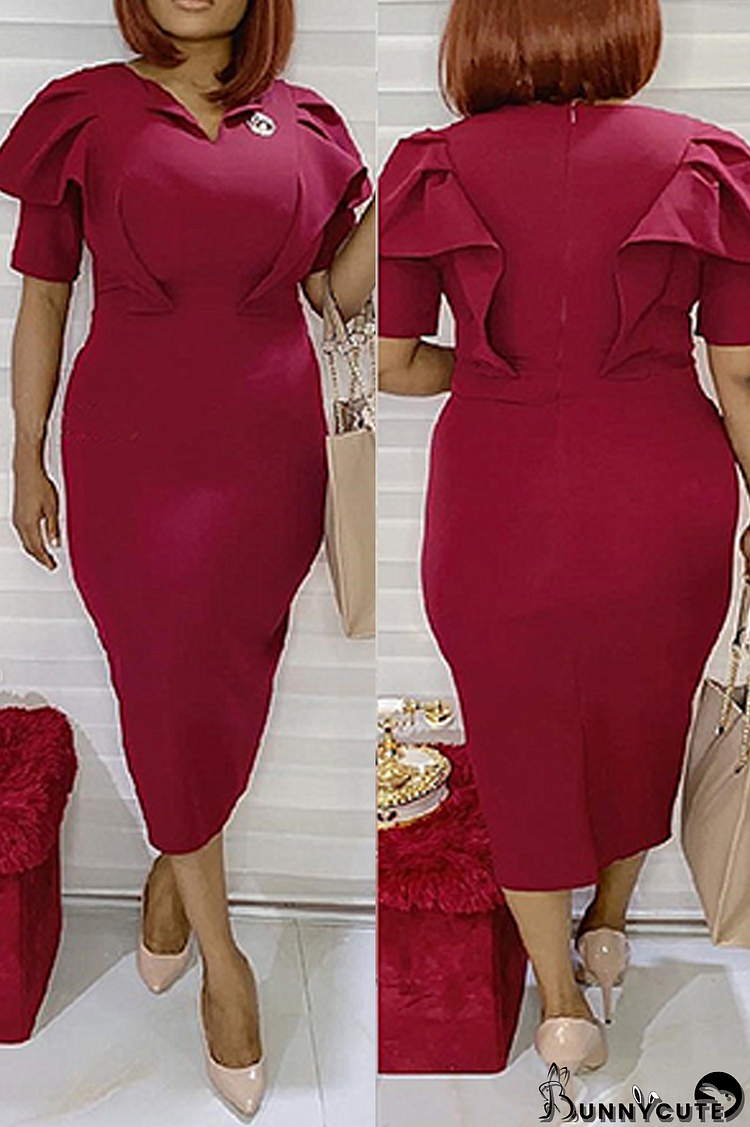 Red Fashion Solid Flounce V Neck Pencil Skirt Dresses