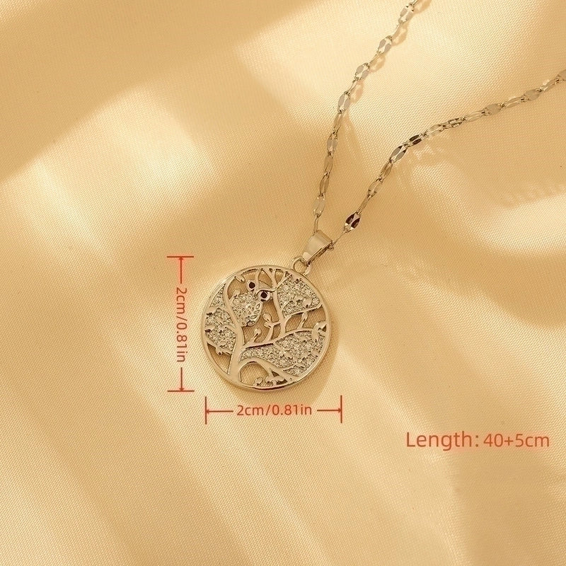 Pure Titanium Brass Cute Minimalist Inlay Tree Owl Artificial Diamond Pendant Necklace