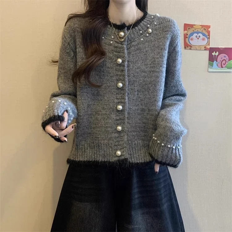 Athvotar Athvotar With A Soft Glutinous Nail Beads Color Short Cardigan Knitted Sweater Women's Spring And Autumn New Loose Chic Top