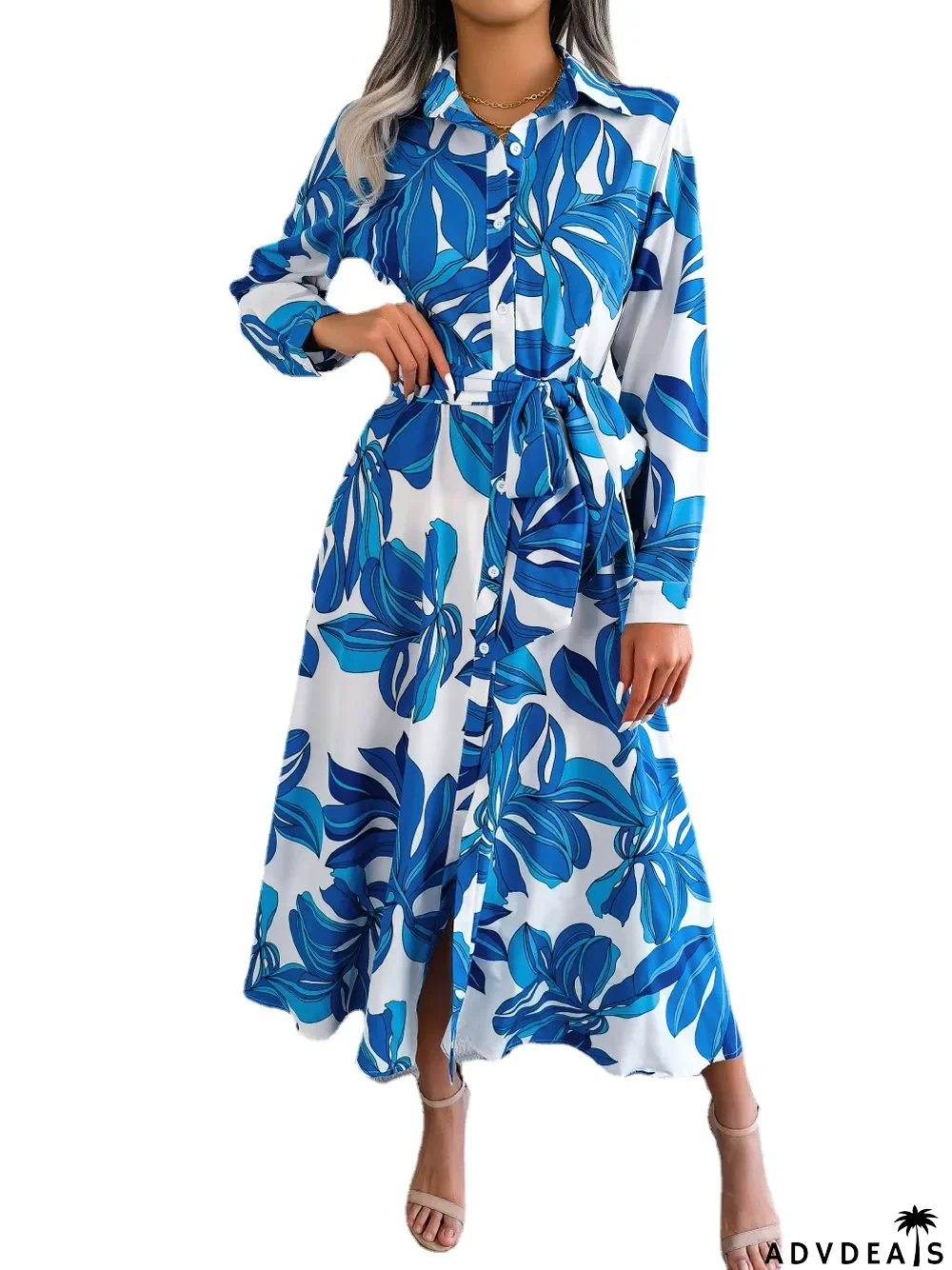 Women Color Block Floral Turndown Collar Tie Shirt Maxi Dress