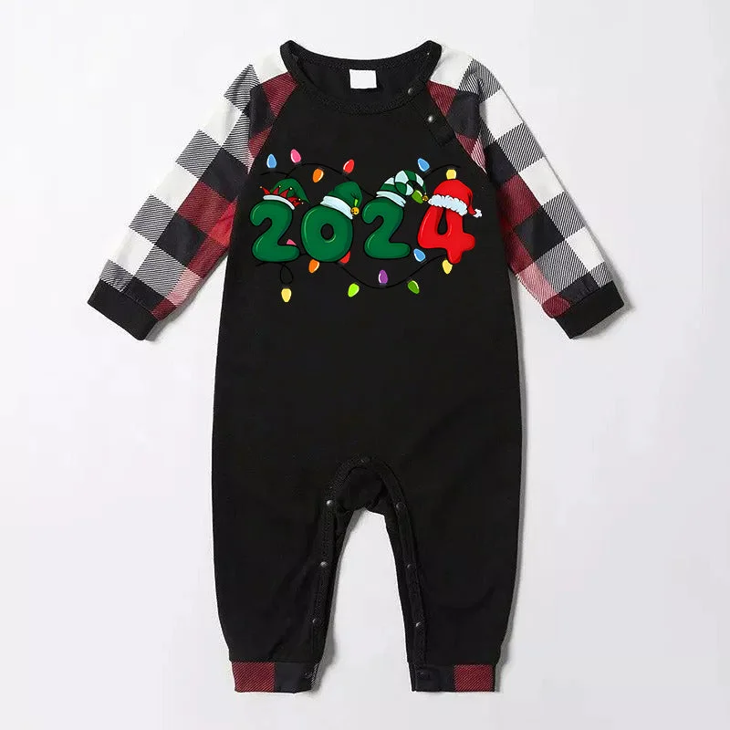 Christmas "2024" Letter Print Red & Black & Grey & White Plaid Family Matching Pajamas