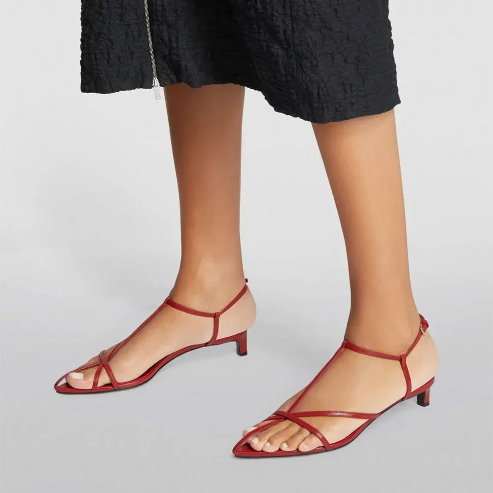 Red Vegan Leather T-Strap Open Toe Simple Women's Heel Sandals