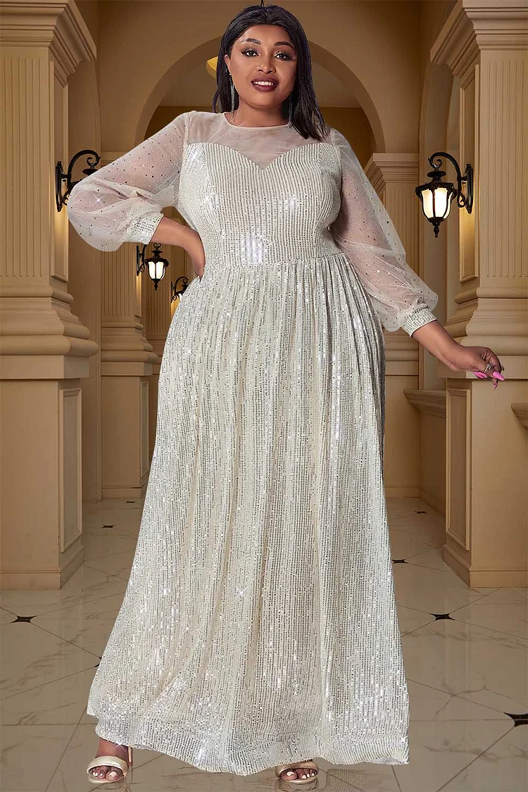 Xpluswear Design Plus Size Formal Maxi Dresses Elegant Champagne Long Sleeve See-Through Sequin Maxi Dresses [Pre-Order]