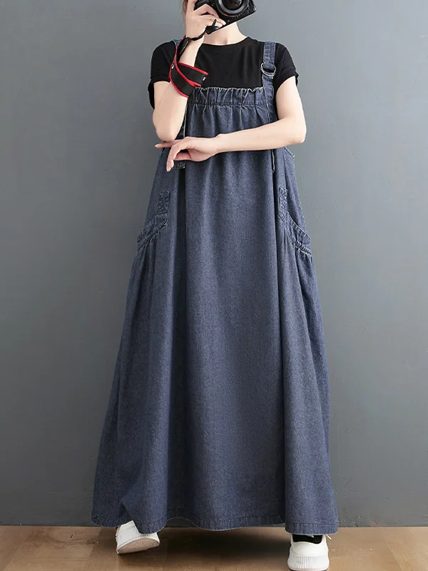 Artistic Retro-Inspired Denim Midi Dress: Vintage Loose Strapped Design