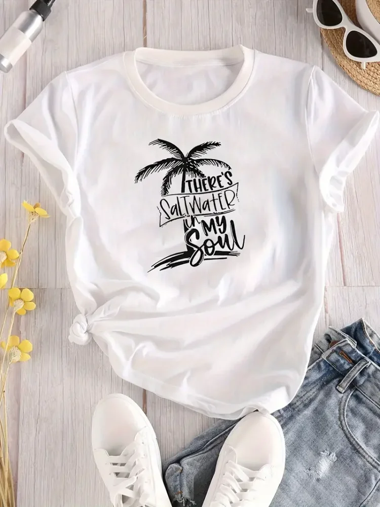 Coconut Tree Print Crew Neck T-shirt  Casual Short Sleeve Top For Spring & Summer  Women's Clothing