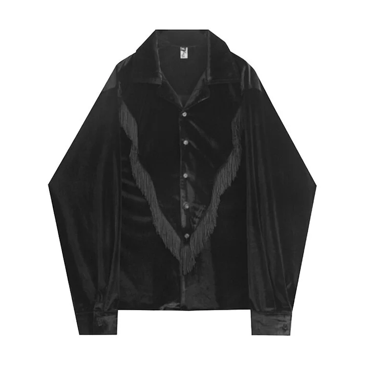 Vintage Loose Lapel Splicing Tassels Long Sleeve Velvet Shirt 