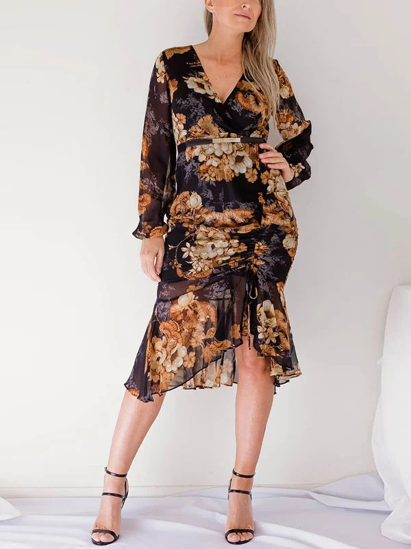 Long Sleeve Fishtail Tiered Floral Dress