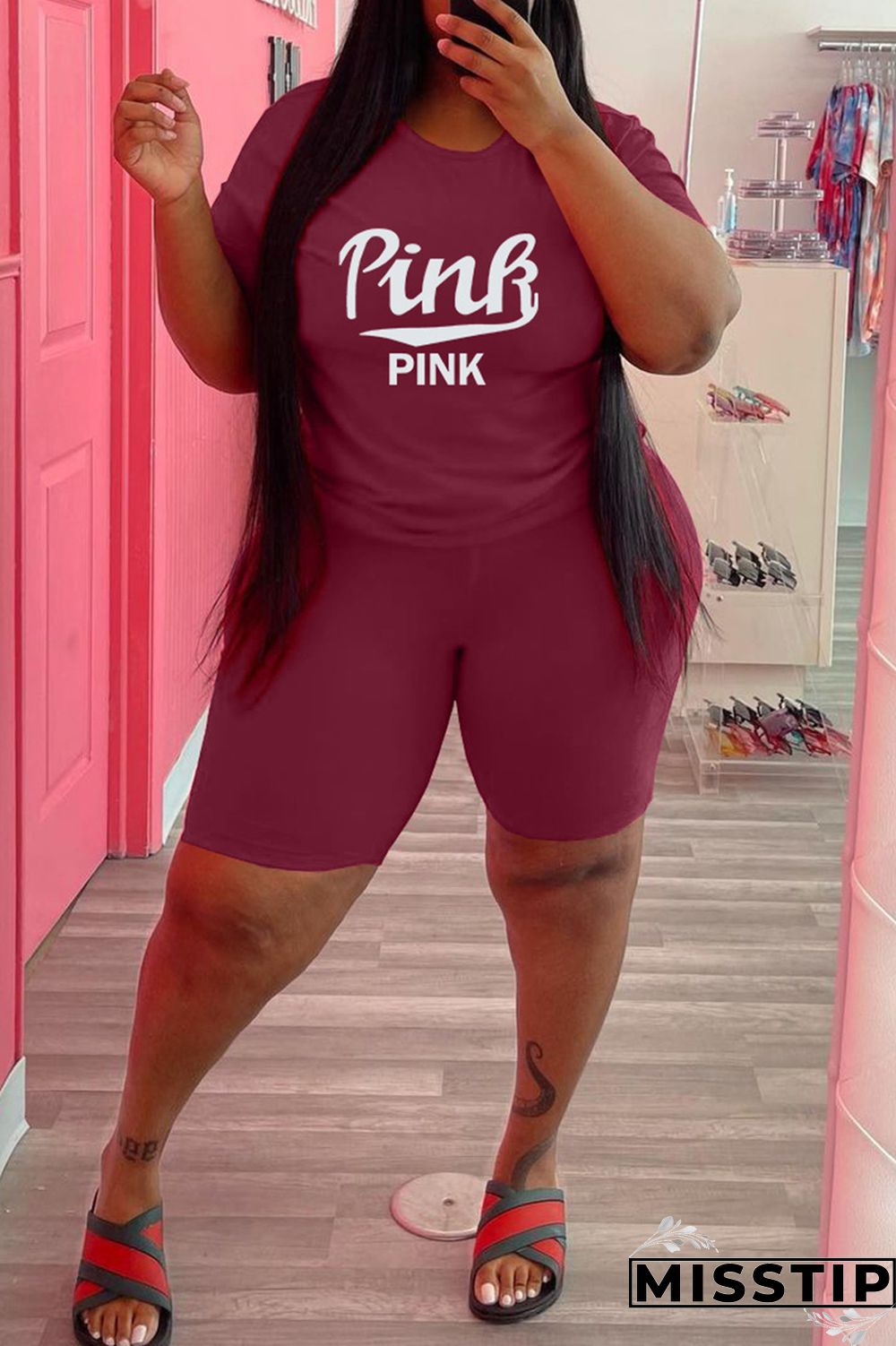 Army Green Fashion Casual Letter Print Patchwork O Neck Plus Size Two Pieces