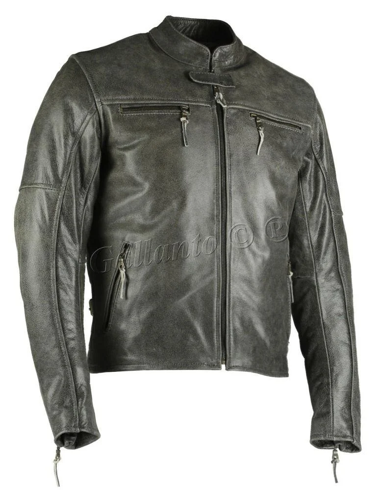 Men's Collarless Distressed Leather Biker Motorcycle Armoured Jacket