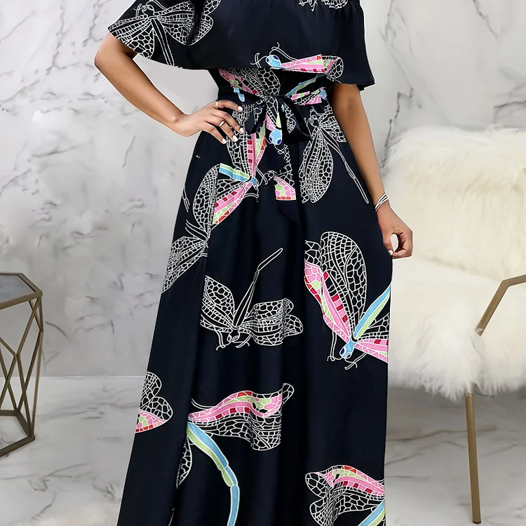 Dragonfly Print Off Shoulder Dress, Elegant Belted Ruffle Trim Dress For Spring & Summer, Women's Clothing