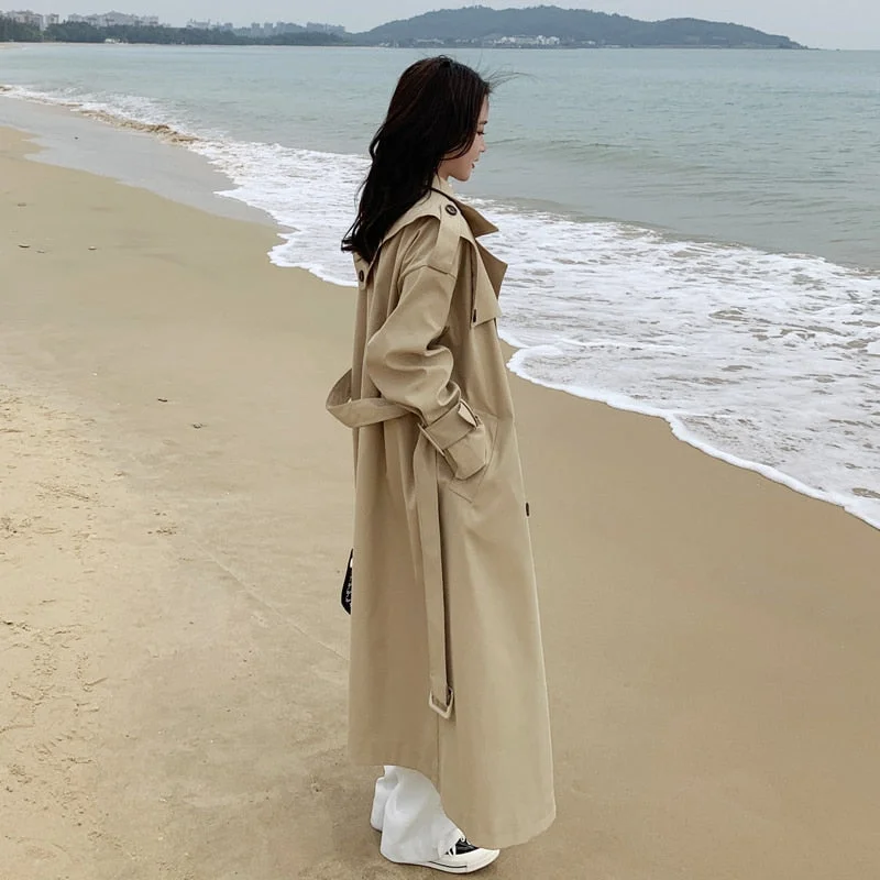 Fashion New Loose Oversize Long Trench Coat Women Double-Breasted with Belt Khaki Duster Coat for Lady Spring Autumn Outerwear