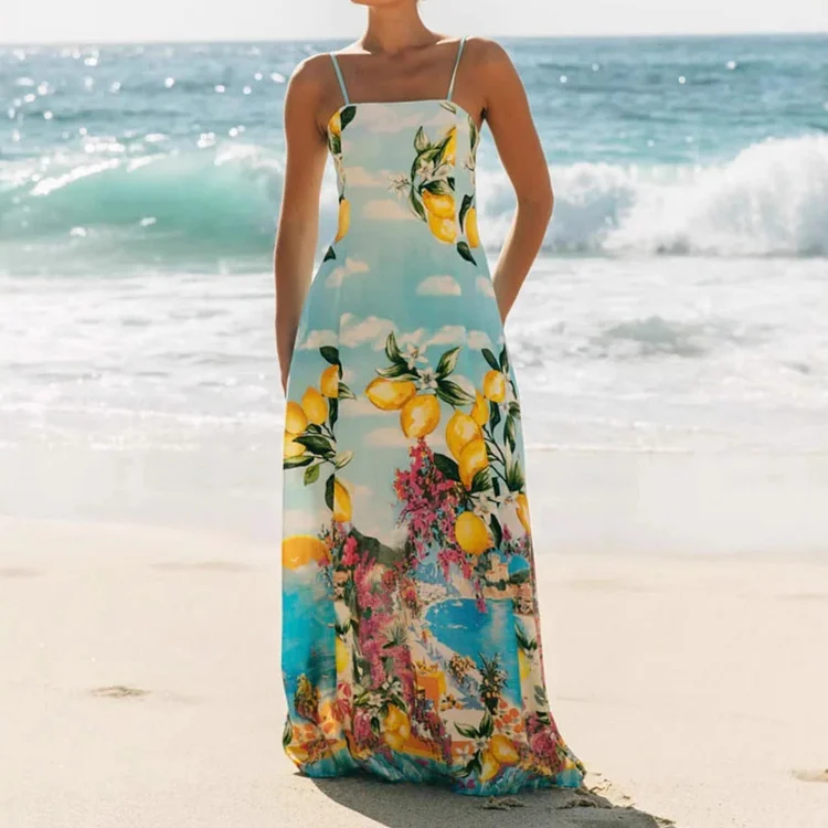 Printed Sling Vacation Backless Sleeveless Dress