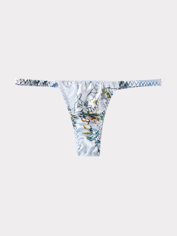 Light Blue Orchid Print Silk Thong Panties REAL SILK LIFE