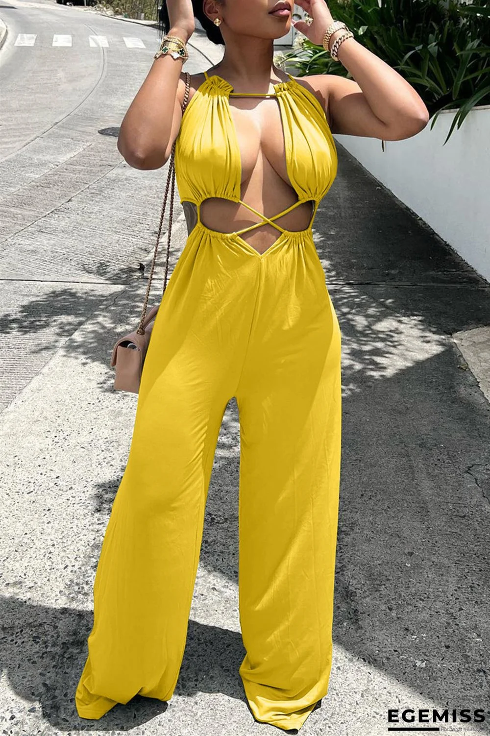 Yellow Sexy Casual Solid Bandage Hollowed Out O Neck Regular Jumpsuits | EGEMISS