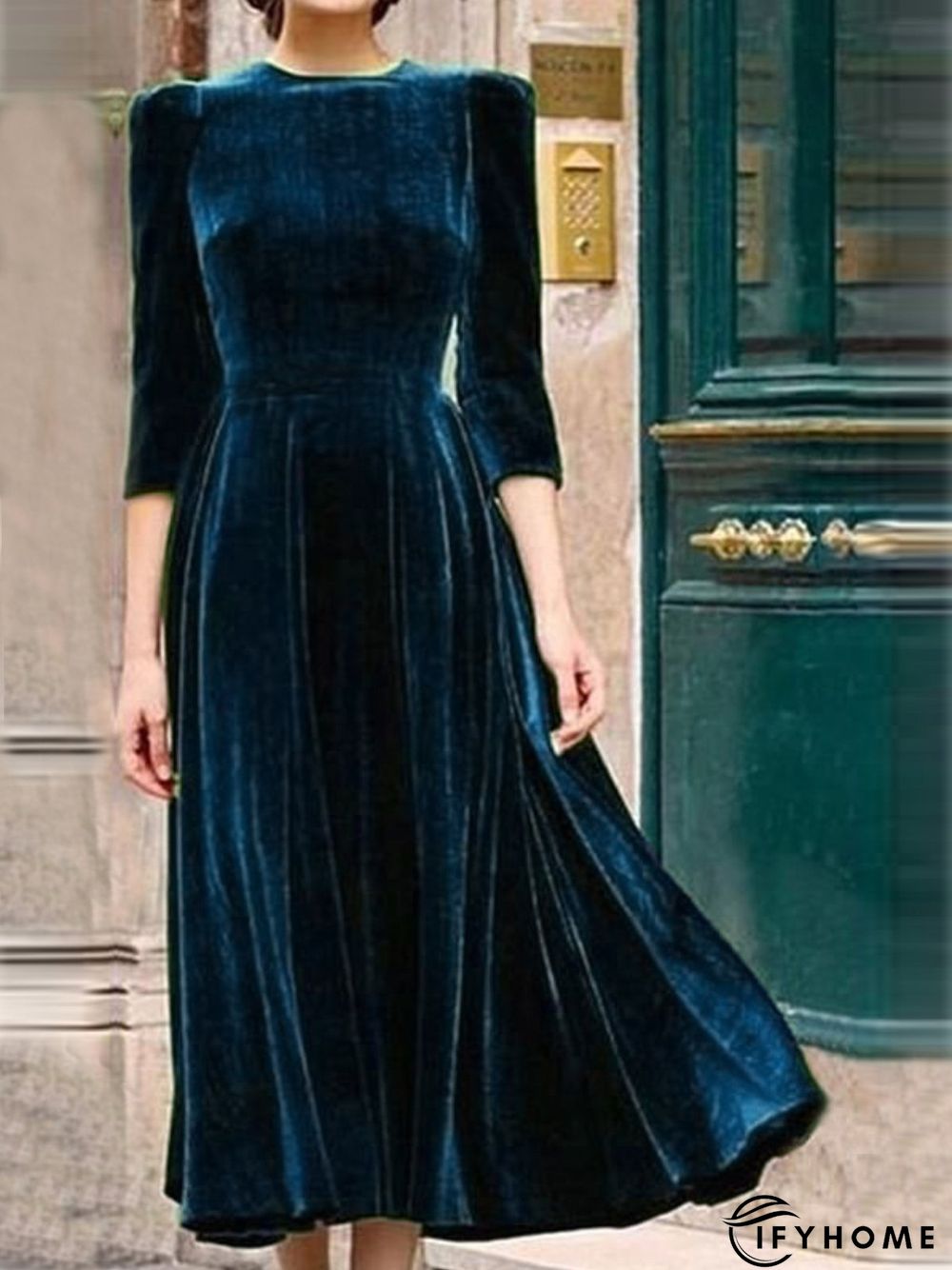 Army Green Vintage Velvet Knitting Dress | IFYHOME