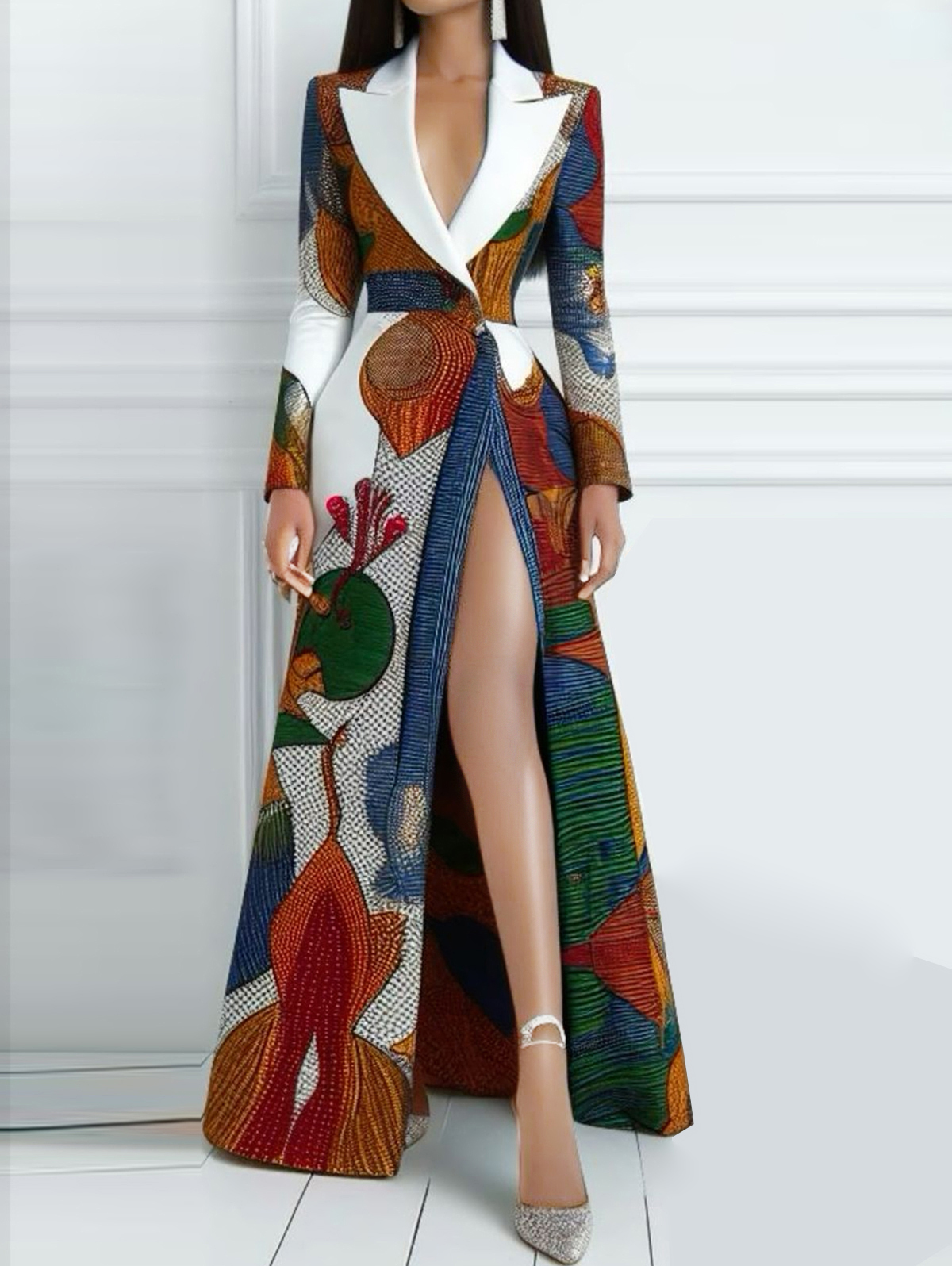 Allover Print Peaked Lapel Long Sleeve Maxi Dress