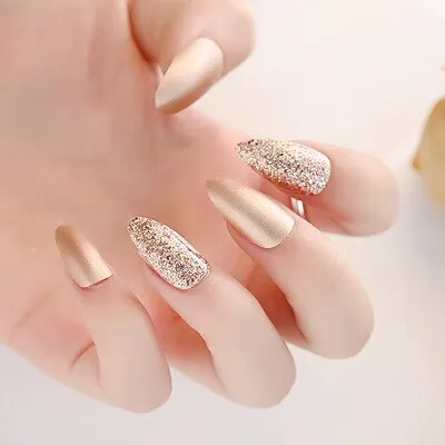 Fake Nails with Glue Metal Color False Nail Art Tips Press on Coffin Stick Designs Clear Set Full Cover Artificial Short Kiss-Nail Inspo