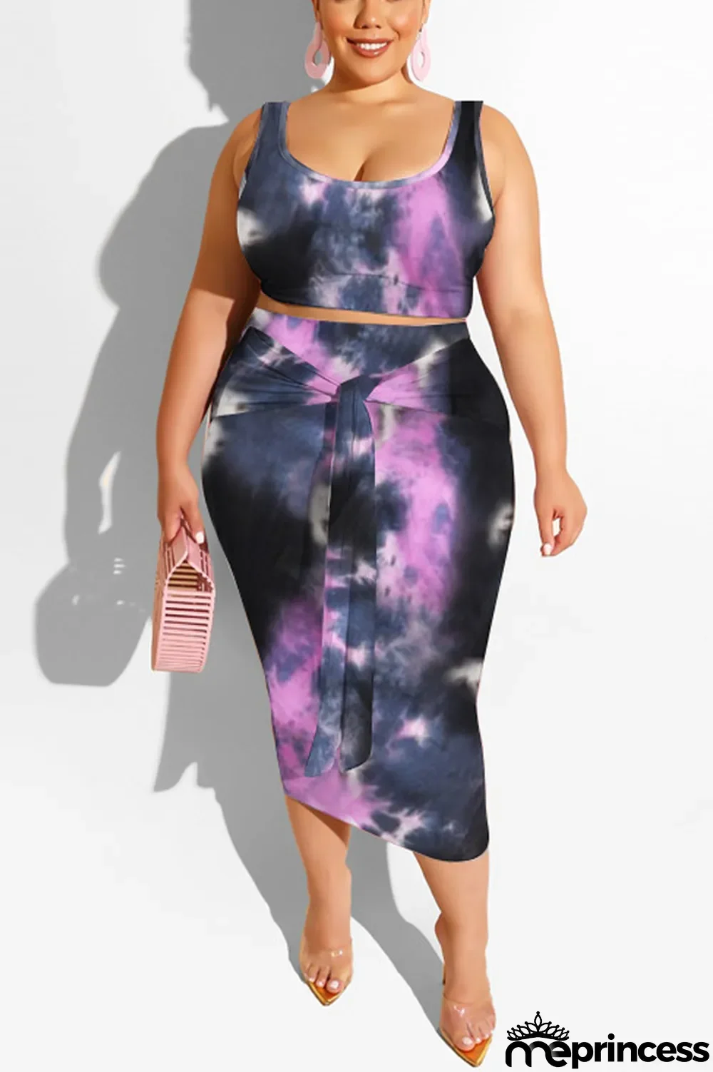 purple Polyester Sexy Slip Print Belt Tie Dye Plus Size
