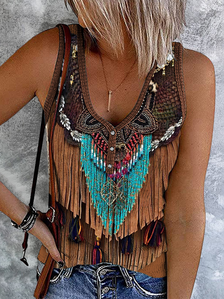 Comstylish Vintage Western Tassel Print V-Neck Sleeveless Tank Top
