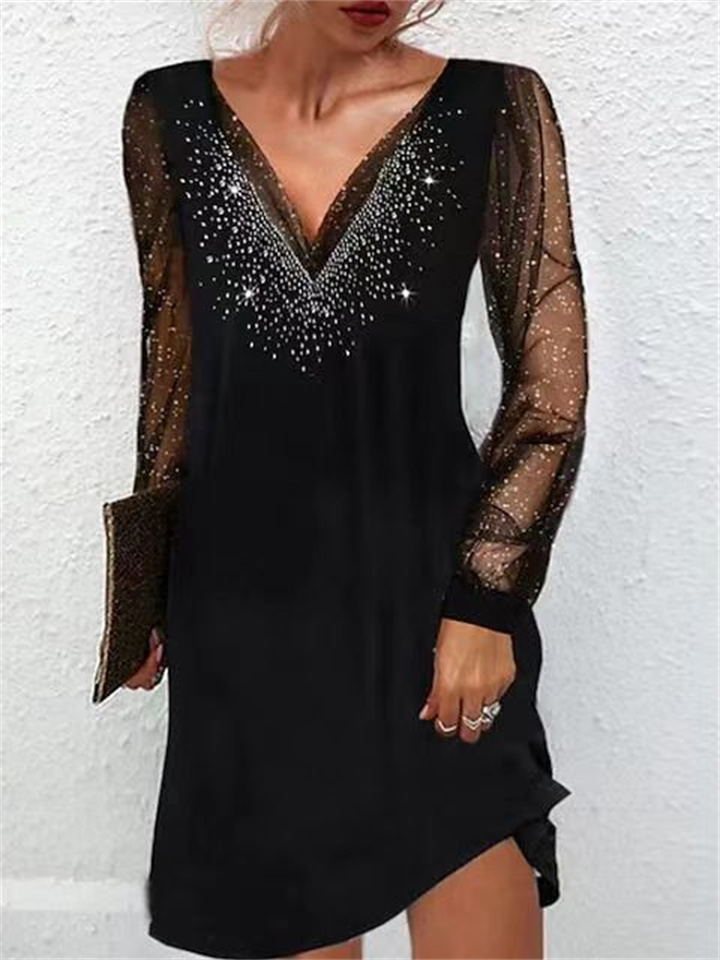 Women's Casual Dress Black Dress Mini Dress Black Long Sleeve Print Mesh Fall Spring Autumn Deep V Stylish Winter Dress Date Fall Dress 2022 S M L XL XXL 3XL