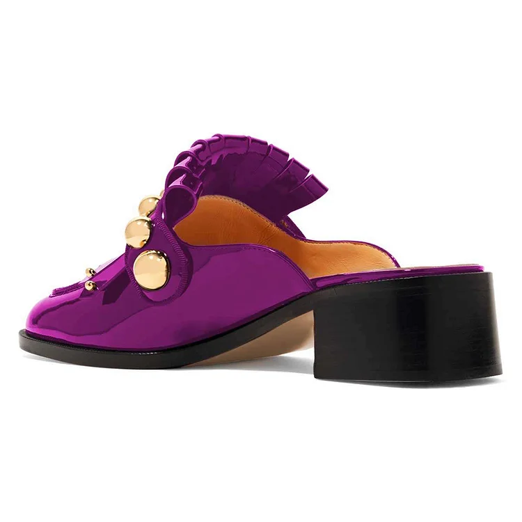 Purple Mirror Leather Fringe Loafer Mules with Studs Vdcoo