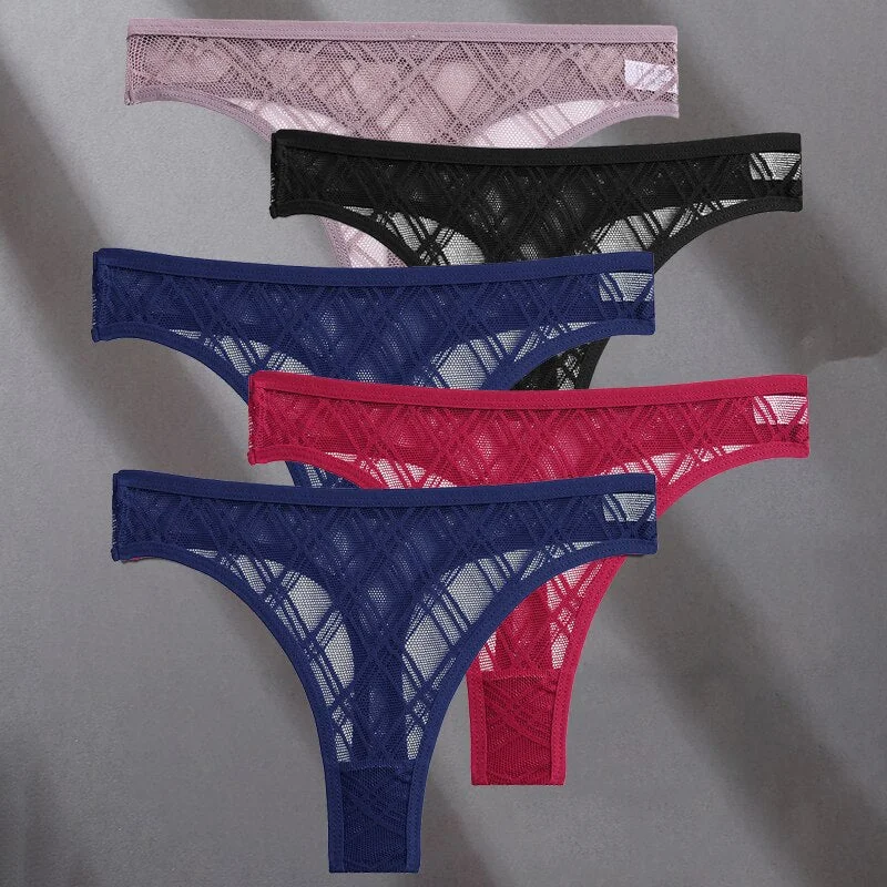 FINETOO 5PCS/Set Lace Sexy Women Thongs Floral Perspective G-string Lingerie Panties Low-Waist Femme Girls Underwear Mesh Pantys
