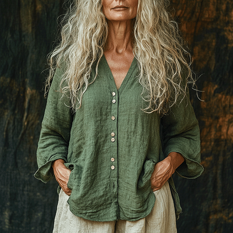 Women's Linen Ethnic Plain-sleeve Shirt
