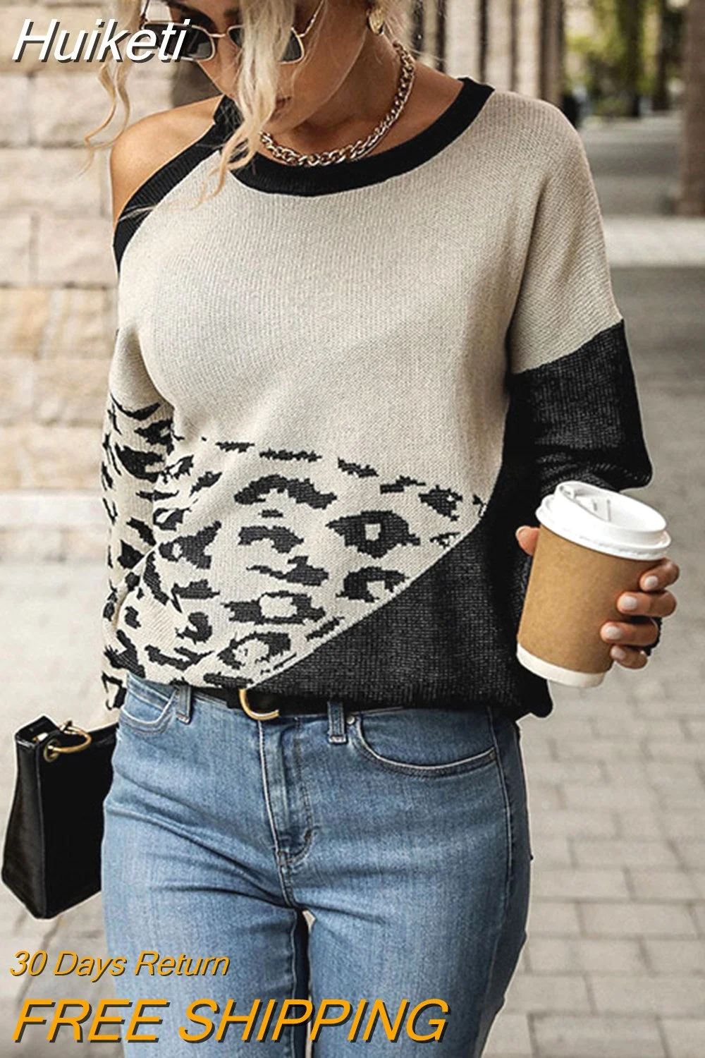 Huiketi Women 2023 Fall Winter New Casual Dropped Shoulder Long Sleeve Leopard Sweater For Ladies Loose All Match Knitted Tops