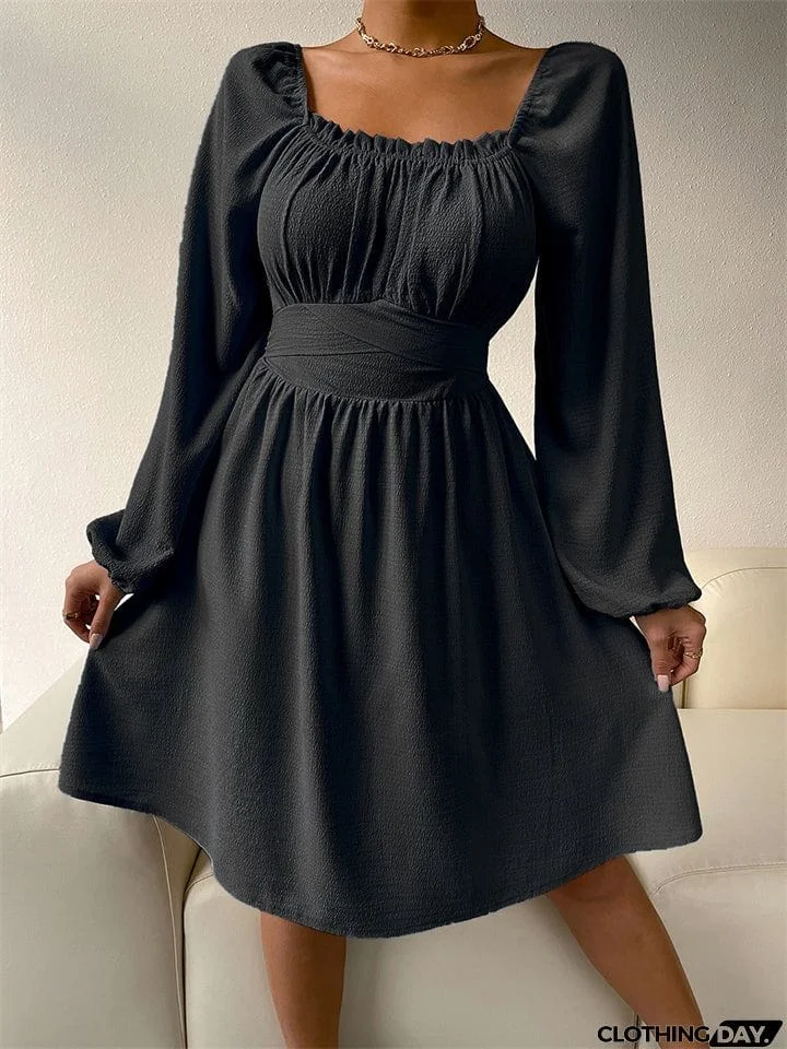 Temperament Trendy Lady Square Neck Long Sleeve High-waisted A-line Dress