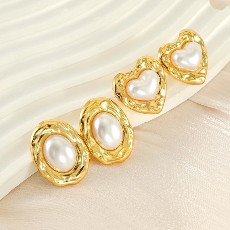 1 Piece Minimalist Classic Style Square Oval Heart Shape Plating Inlay 304 Stainless Steel Artificial Pearls 18K Gold Plated Ear Studs