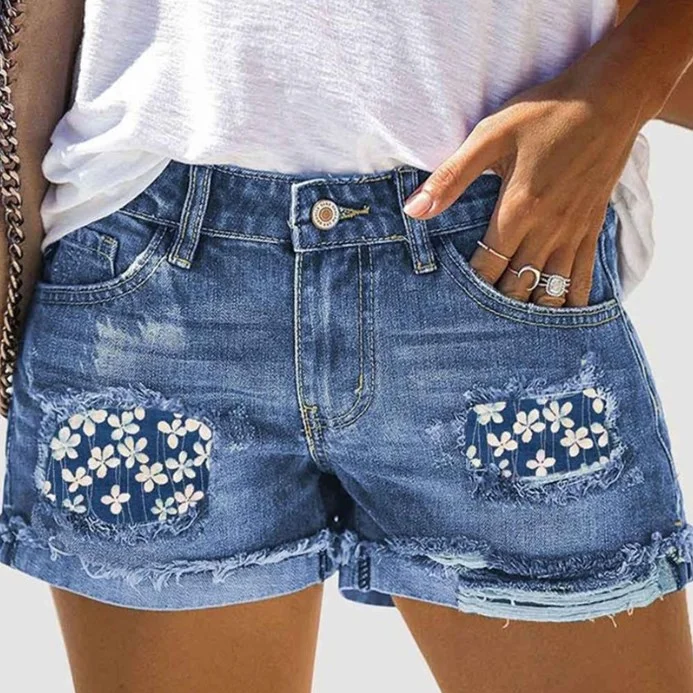 Printed Cuffed Ripped Denim Shorts