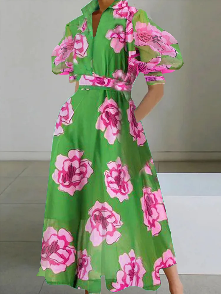UR Fashion Floral Lapel Collar Puff Sleeve A Line Midi Tunic Dress