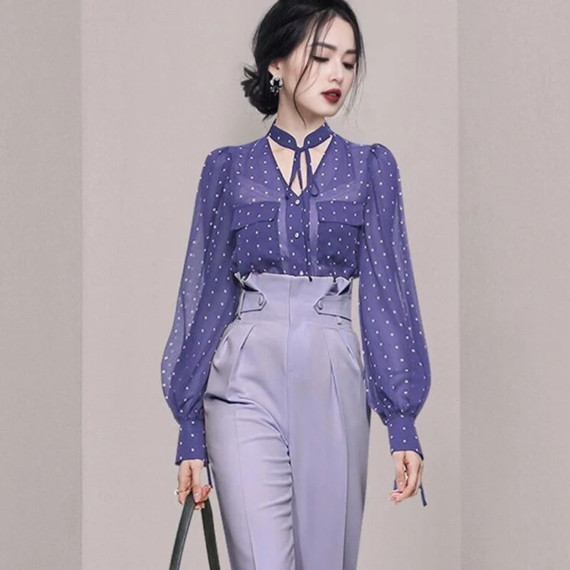 Brownm Fashion Korean Two Piece Pants Suits Women 2021 Autumn Polka Dots Chiffon Blouses + Skinny Suit Pants Sets
