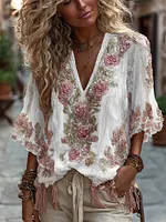 Women's Vintage Rose Embroidery Art Comfy Linen Shirts - Image 2