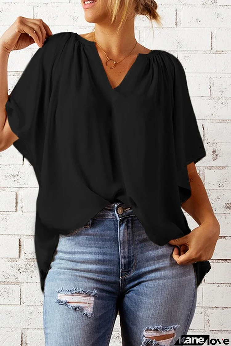 Black Split Neck Loose Top