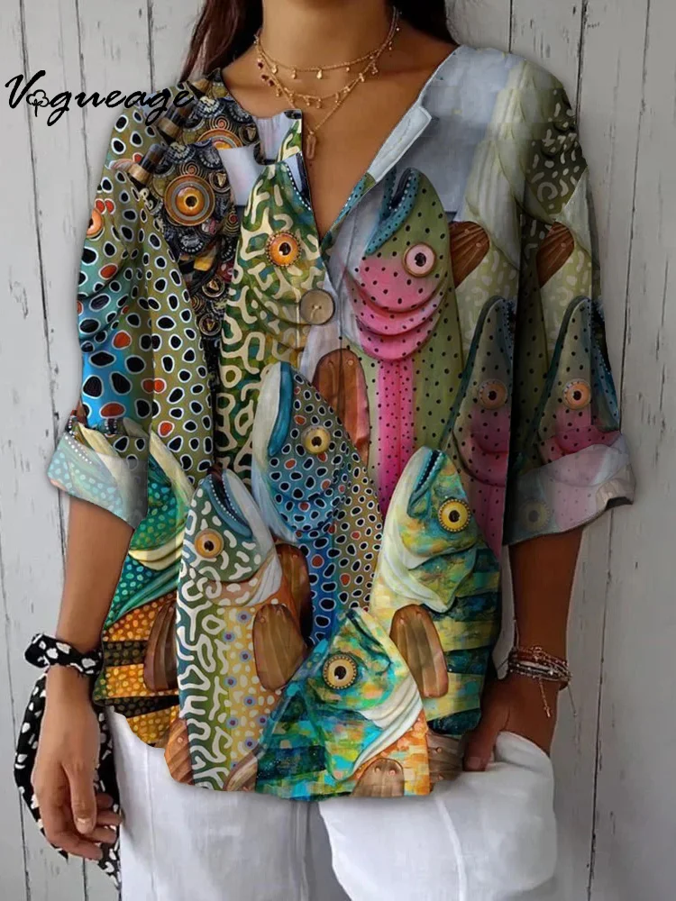 A Group Of Interesting Fish Printed Cotton And Linen Shirt