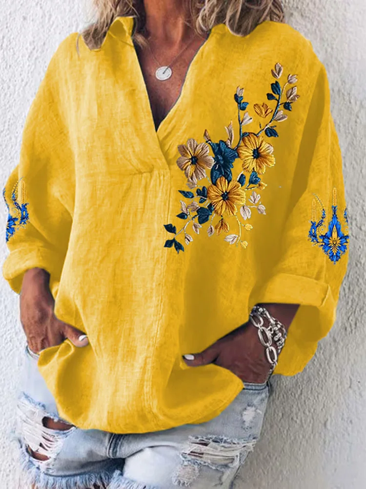 Women's Blue And Yellow Sunflower Casual Top