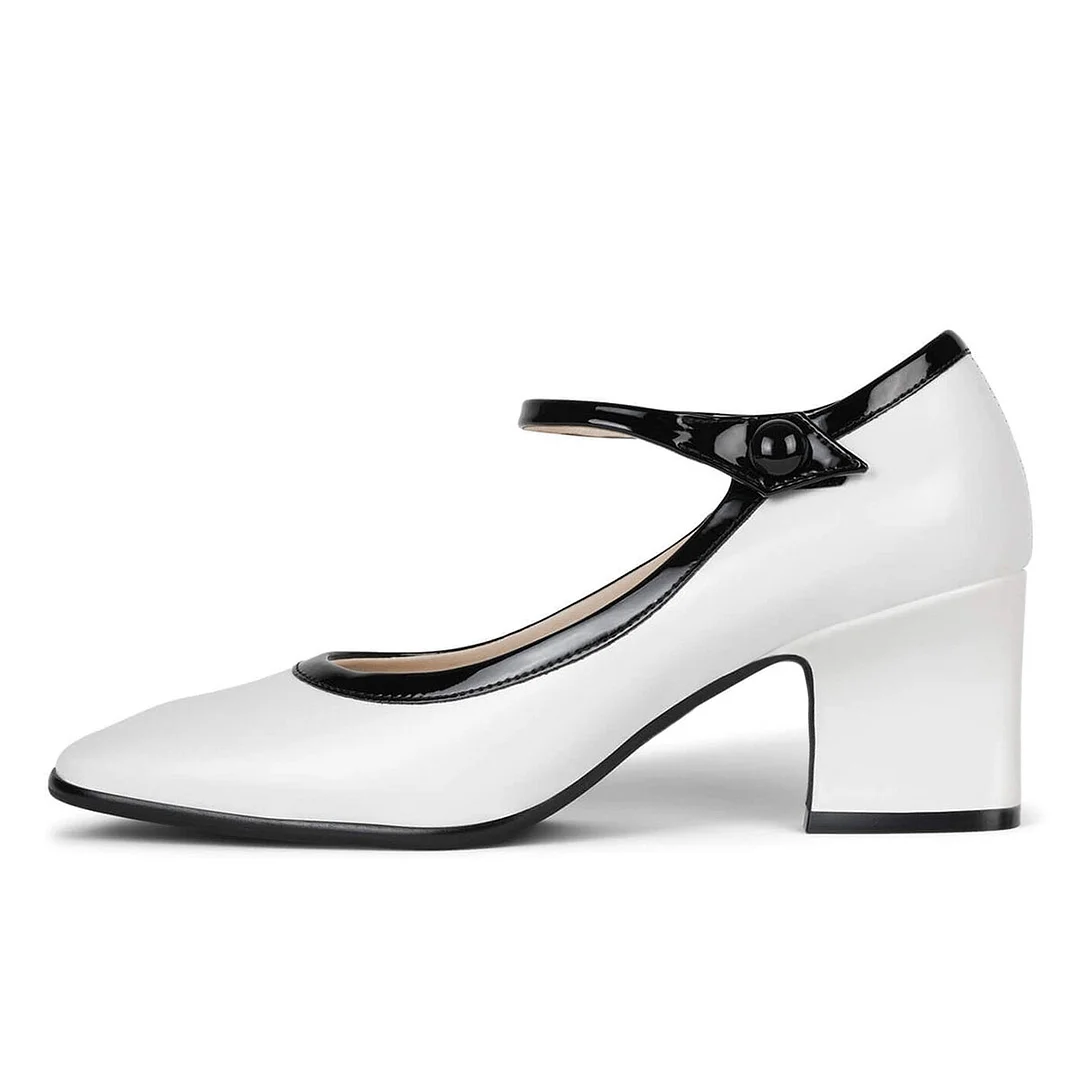 YDN White Elegant Square Toe Chunky Heel Mary Jane Pumps