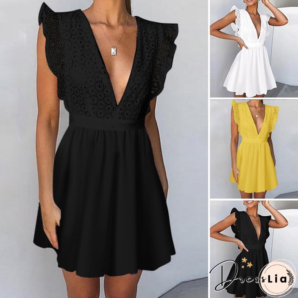 Summer Women Sleeveless Tank Dress Lace Stitching V-neck Ruffle Party Casual Solid Mini Dress Vestidos