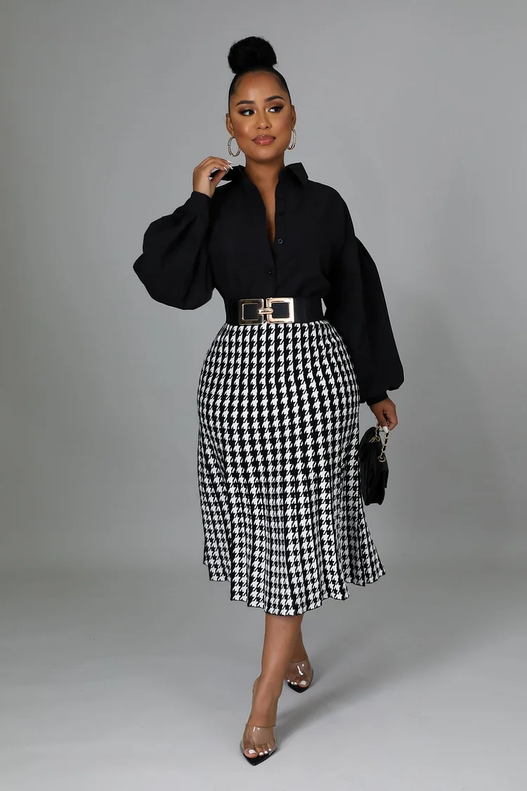 Long Knit Chidori Grid Skirt Long Sleeve Tops Matching Set