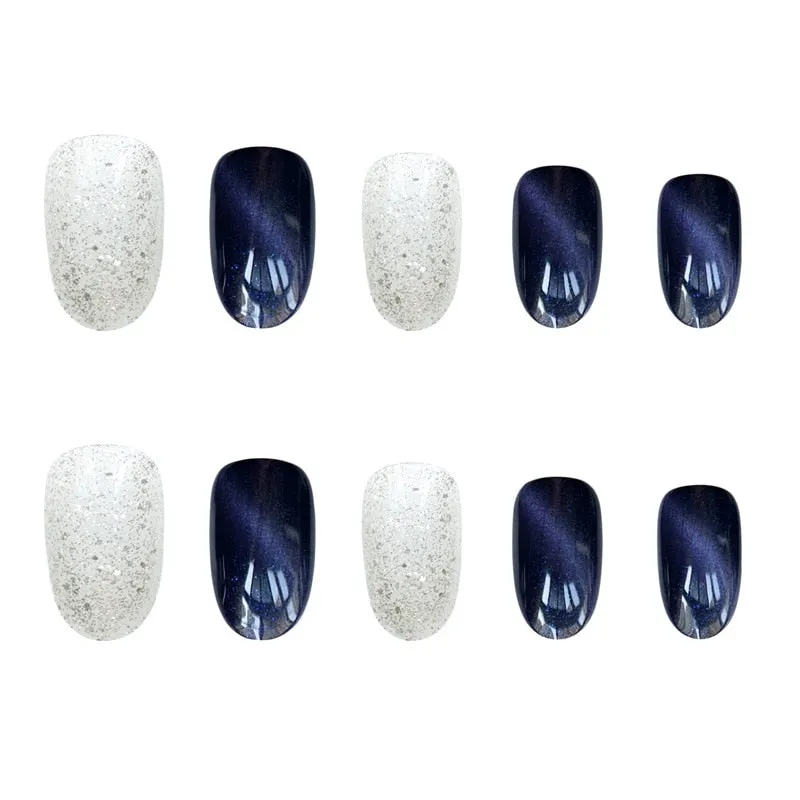 24pcs Short Fake Nail Tips Purple Silver Cat Eye Press On Nail Wearable Nail Sticker Finished False Nail Patch With Glue-Nail Inspo